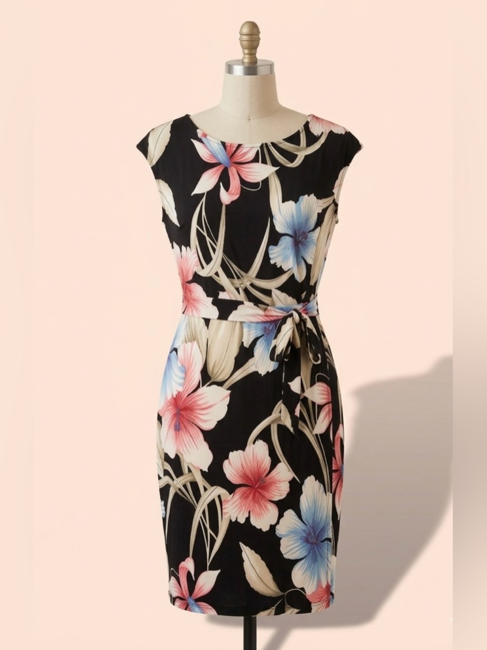 Faux Wrap Dress - Gilli - Hawaiian Tropical Print Black, Pink, Blue, Tan - Sz M